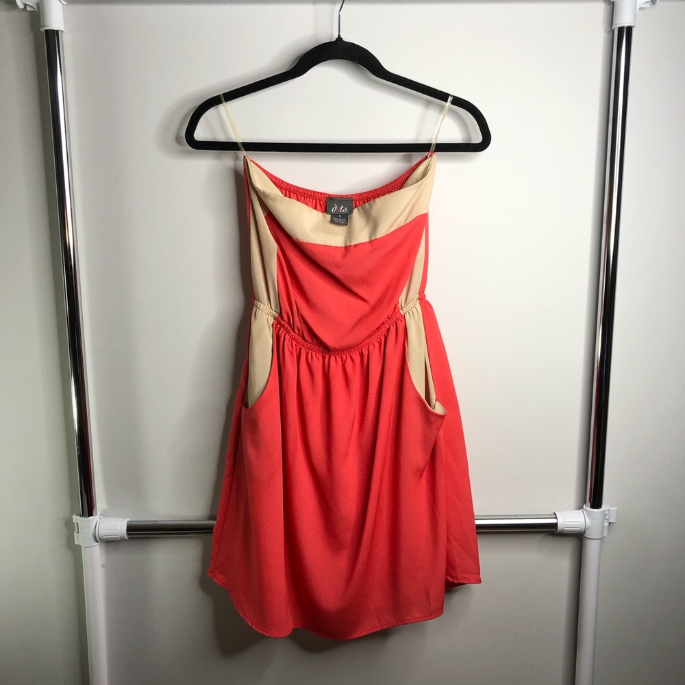 Dots Coral Beige Color Block Strapless Mini Dress
